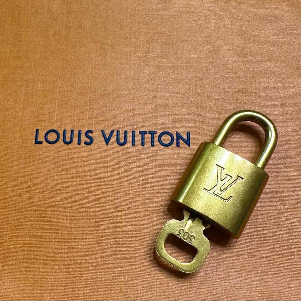 Authentic Louis Vuitton Logo Gold Metal Lock & Key Padlock Set, Number: 303
